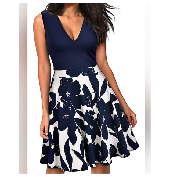 MIUSOL CLASSIC SLEEVELESS  NAVY BLUE AND WHITE FLORAL DRESS S - Picture 2 of 10